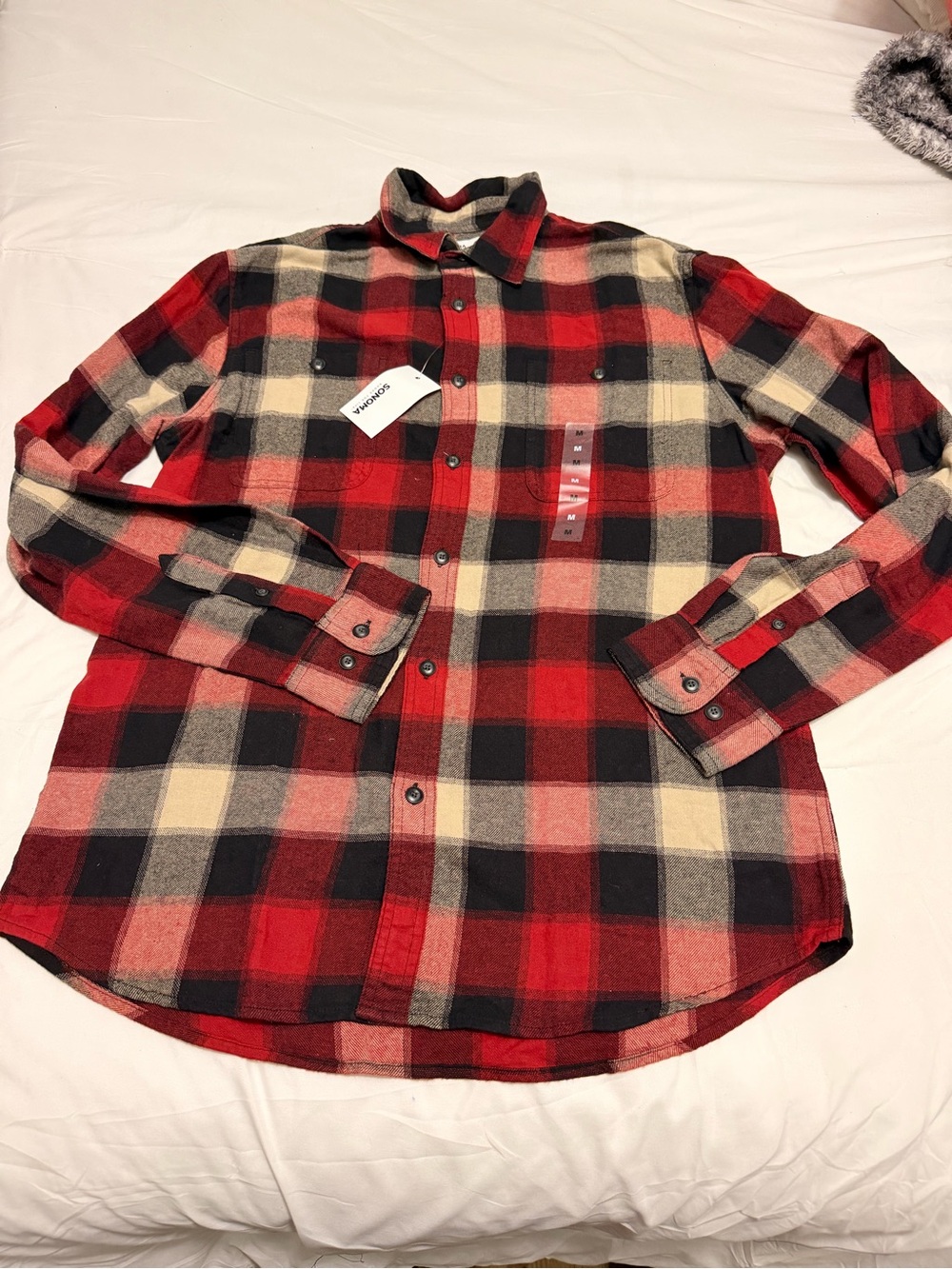 Sonoma Red Black Cream Plaid Button-Down Shirt size M